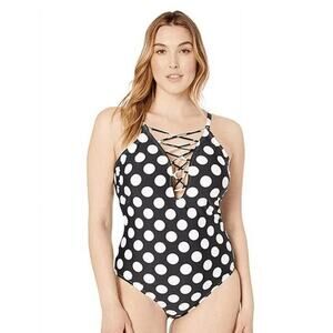 La Blanca Polka Dot Lace-Up Tummy Control One-Piece Swimsuit Size 18W NWT